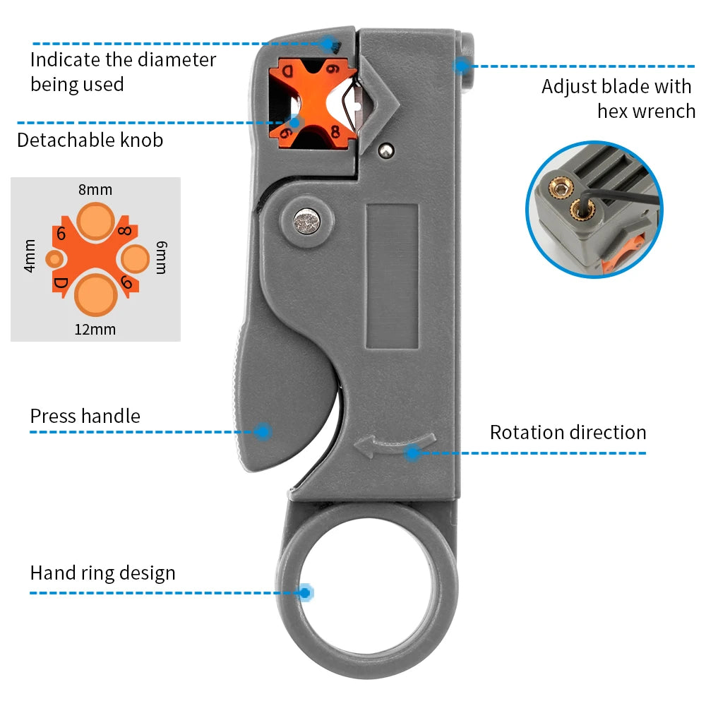 Veltora stainless steel stripping pliers with insulated handles, wire cable stripper, and hexagon wrench accessory on a white background.