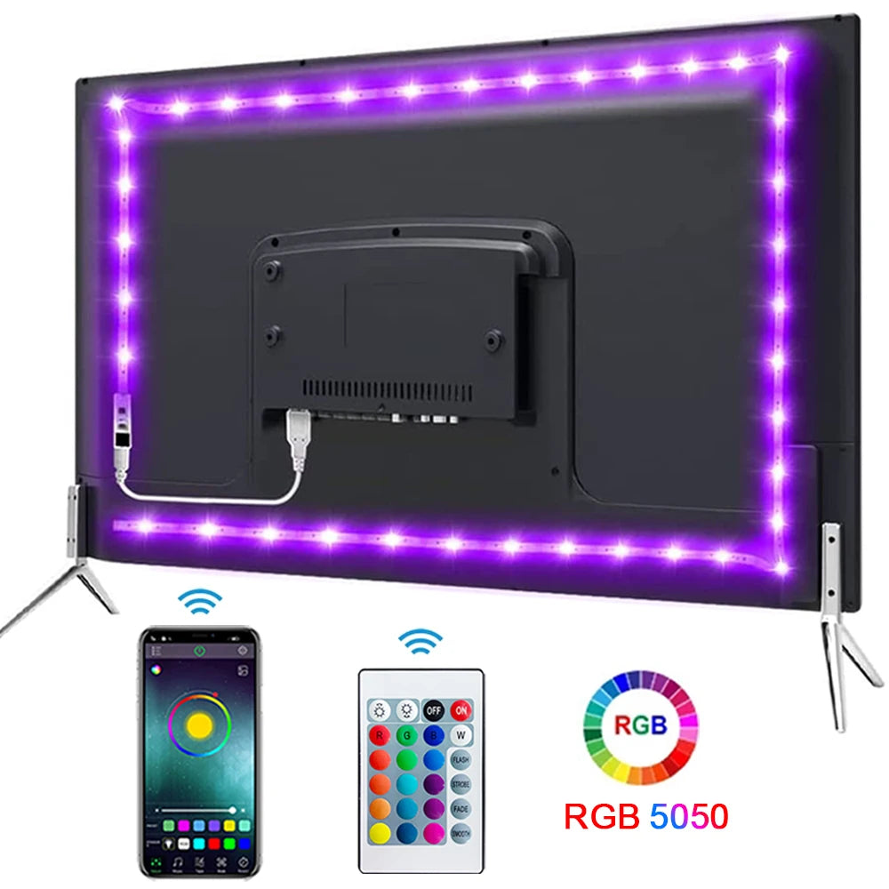Veltora Bluetooth USB LED strip light with RGB 5050 SMD tape, flexible self-adhesive lamp for TVs and desktops, colorful lighting.
