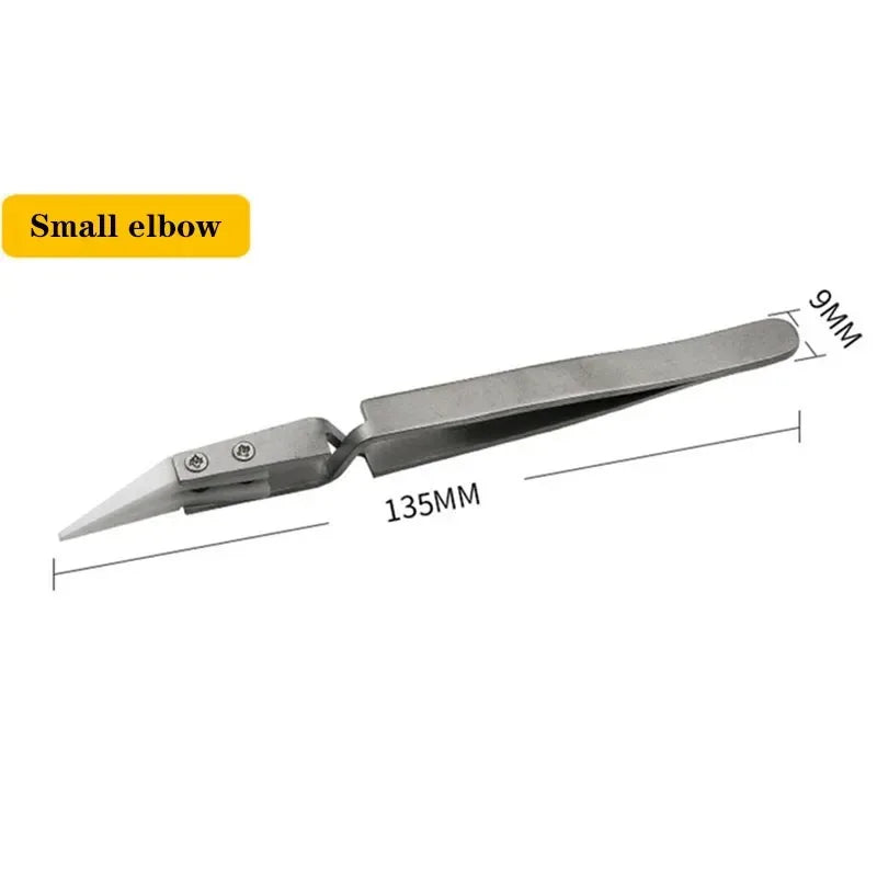 Veltora ceramic soldering tweezers with straight tips, anti-static, acid-resistant, precision chuck for electronic component handling.
