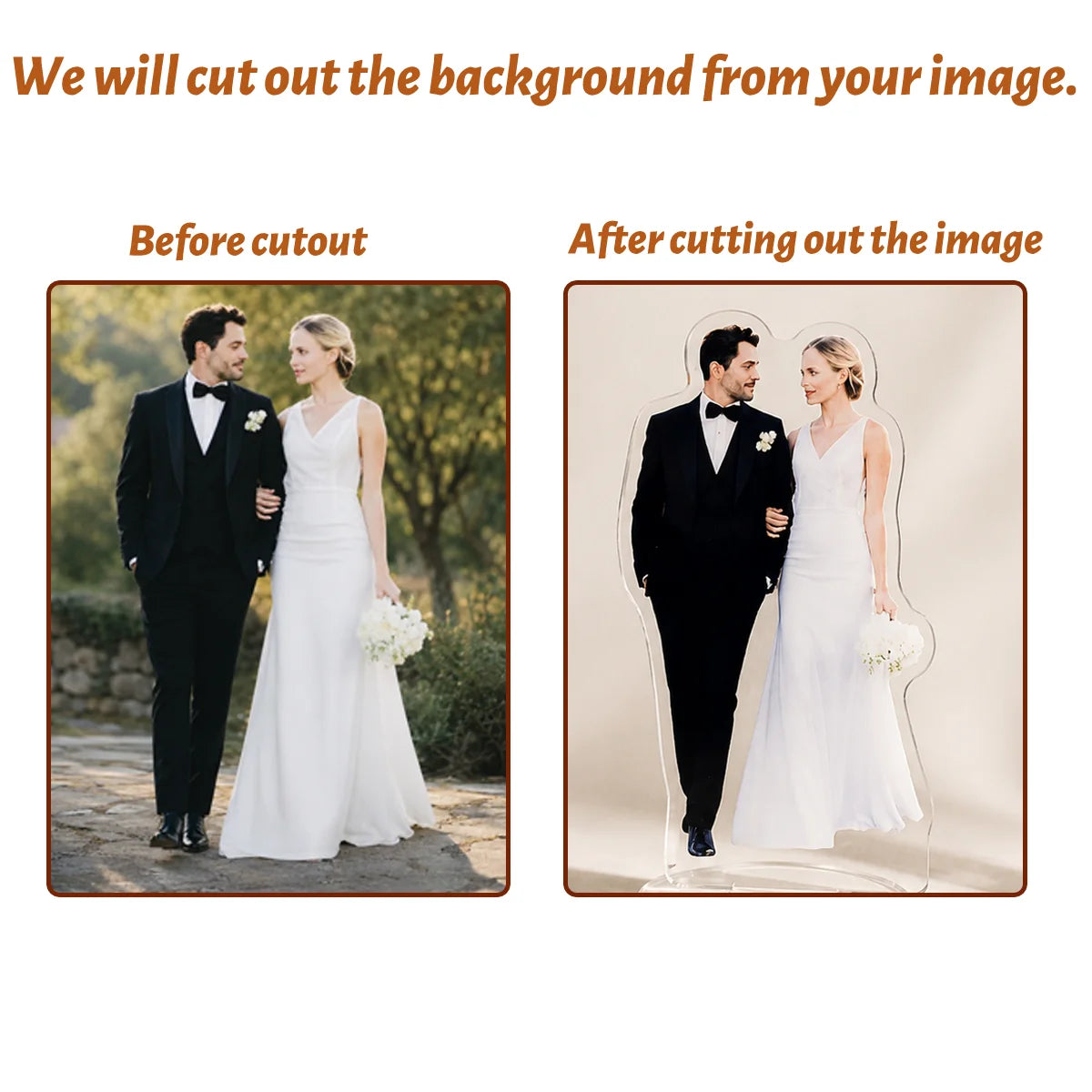 Veltora customizable wedding acrylic desktop standee featuring personalized human character figures for wedding decor.