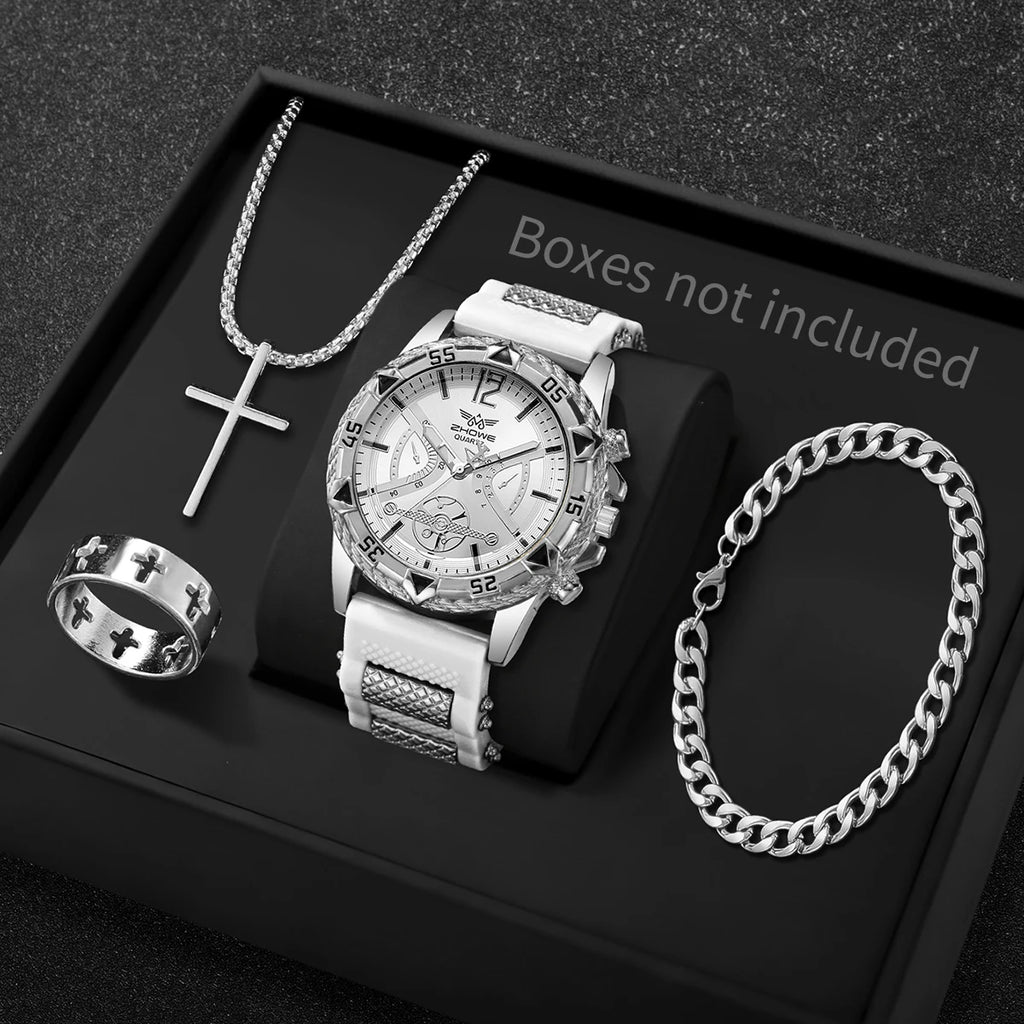 Veltora men's fashion Arabic dial quartz wristwatch with silicone strap, paired with a matching necklace in a stylish set.