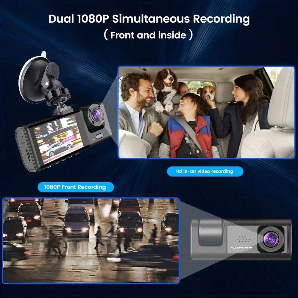 Veltora 1080P dual camera dash cam with front and inside lenses, IR night vision, wide-angle view, and loop recording for cars.