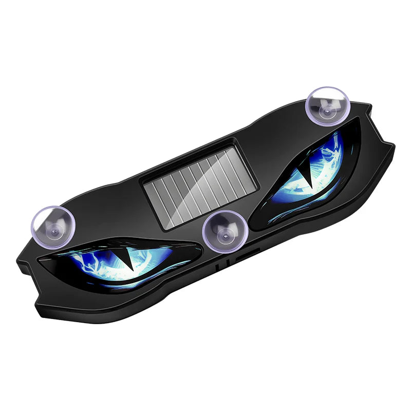 Veltora solar-powered car neon light with demon eye design, wireless LED ambient light, suction cup, USB rechargeable, atmospheric lamp.