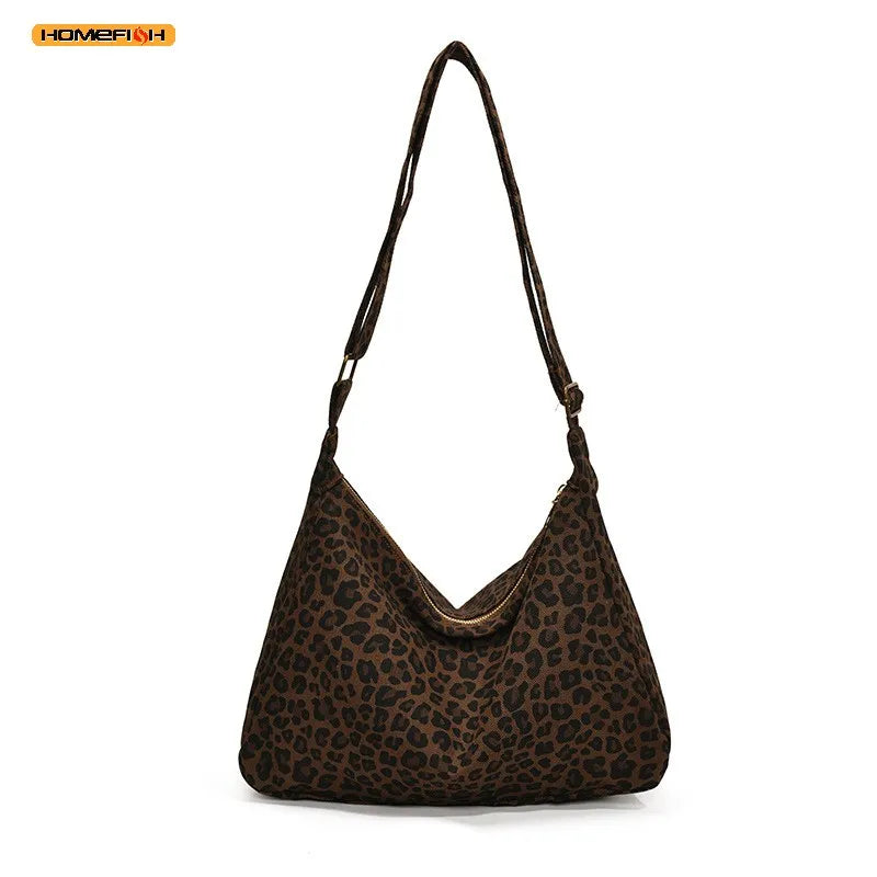 Veltora women's shoulder bag with leopard print, soft textile, large capacity, retro crossbody style for casual outings and commuting.