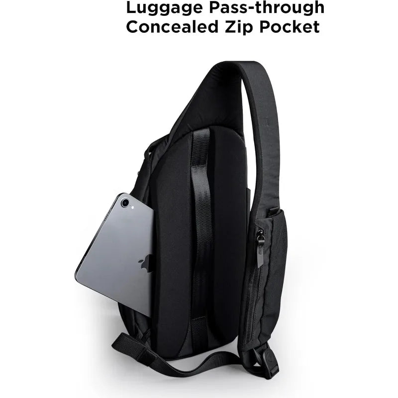 Veltora right shoulder chest bag with 7.5L capacity, crossbody style, fits 11-inch tablet, includes water bottle pocket.