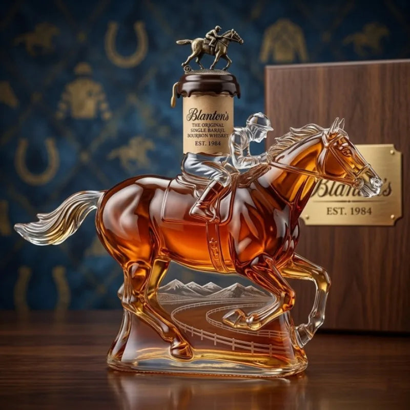 Veltora racing horse jockey crystal glass decanter with stopper, whiskey bottle for bar decor and gift, detailed horse and jockey design