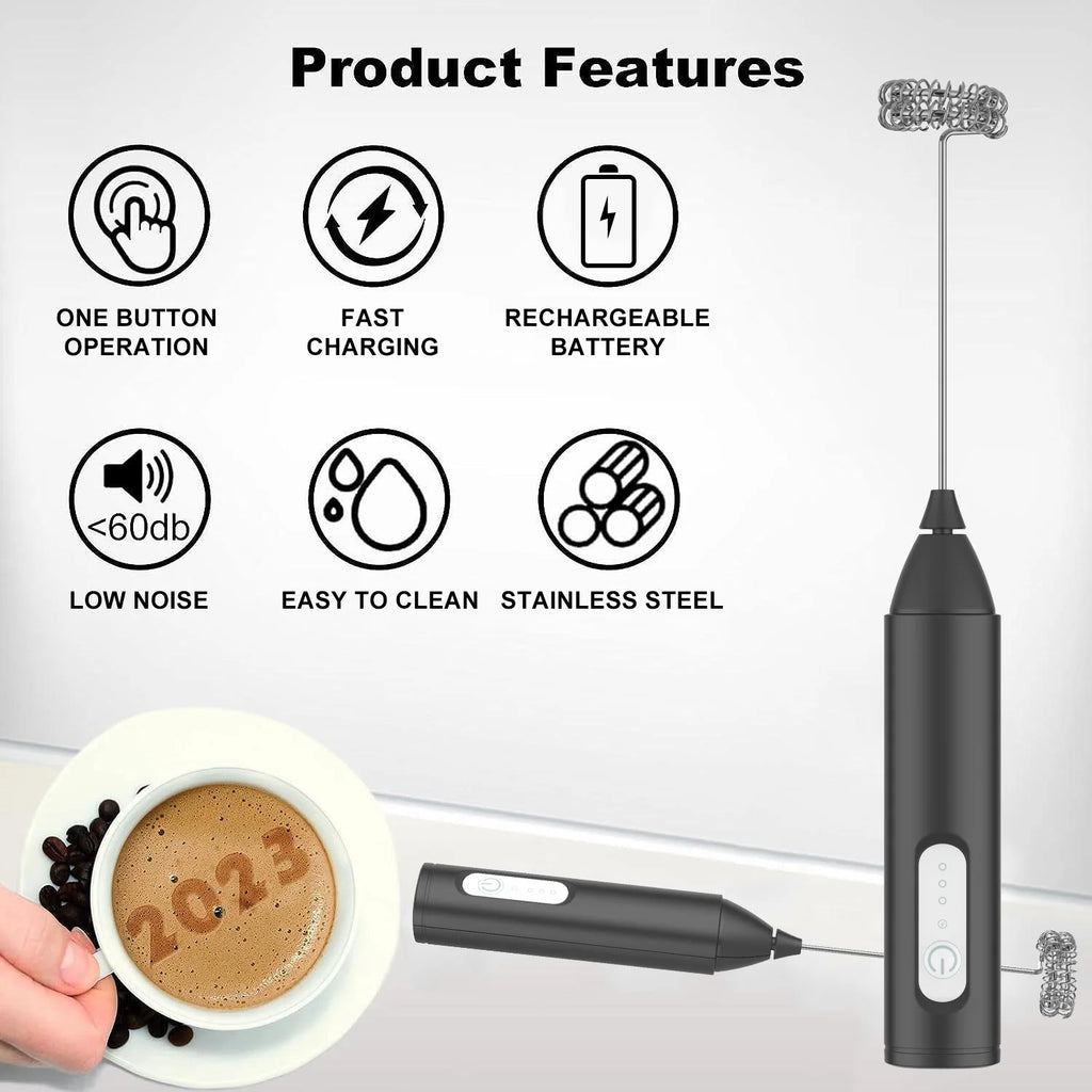 Veltora MINI USB rechargeable milk frother with 3 speeds, electric handle whisk for coffee foam and egg mixing.