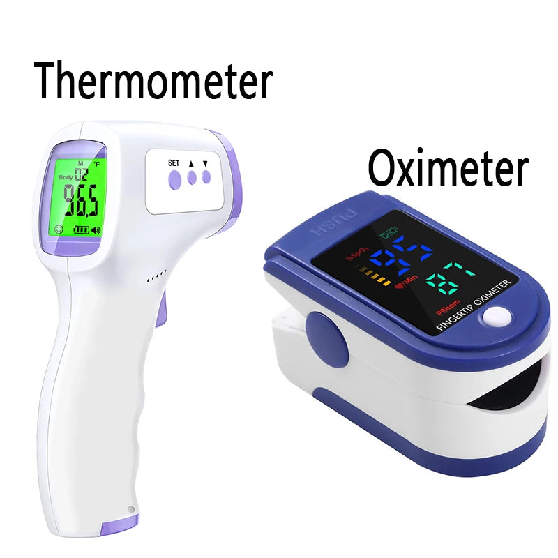 Veltora digital infrared forehead thermometer and portable finger pulse oximeter showing device display and sensors in a close-up shot.
