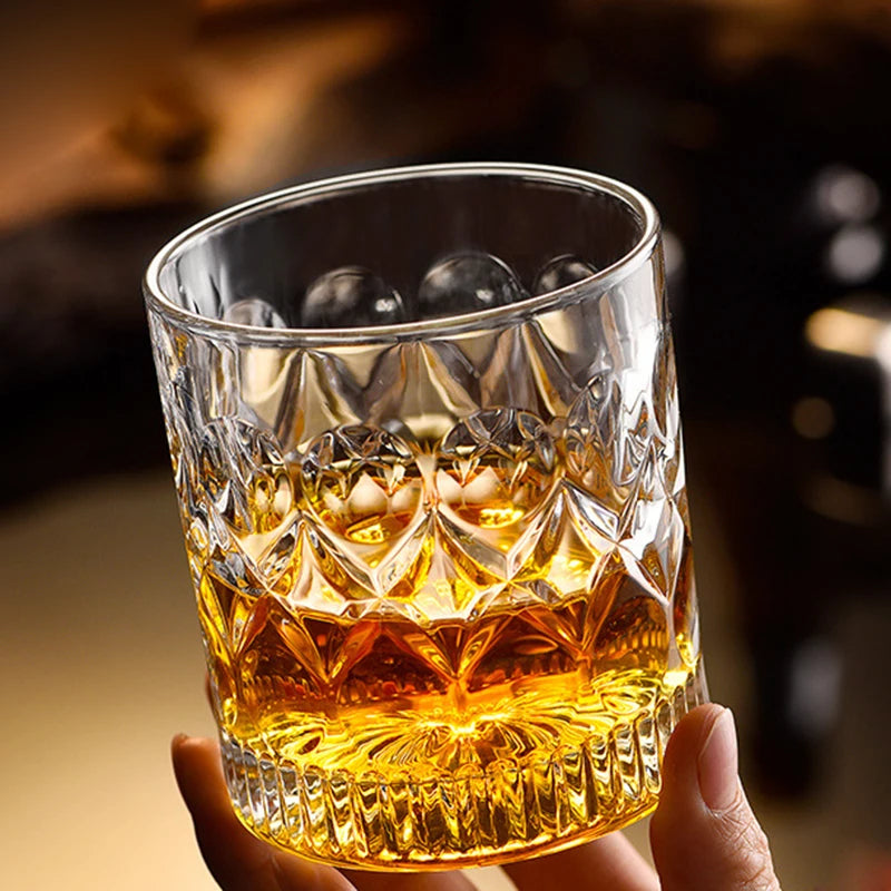 Veltora 2-piece glass whiskey cups, 330ml relief design, ideal for cocktails, iced coffee, beer, water, and household use.