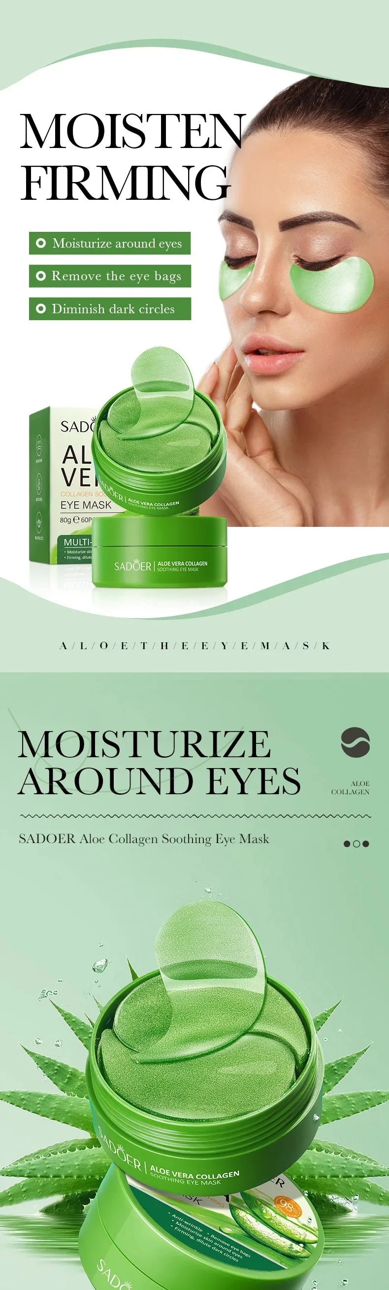 Veltora 60pcs Aloe Vera collagen eye masks to reduce dark circles, eye bags, and wrinkles, providing moisturizing skin care.