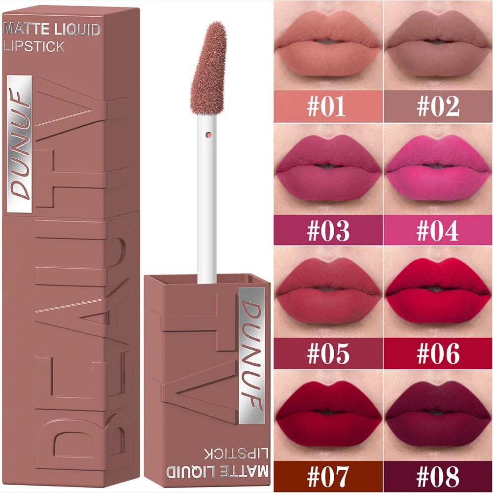 Veltora DUNUF 8-color matte velvet lip gloss set in square tubes, waterproof, easy to apply, with plumping and three-dimensional shine