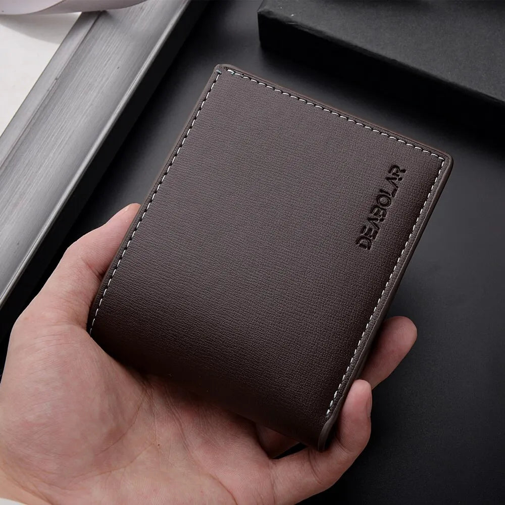 Veltora men's slim PU leather short wallet with fold-over design and credit card slots, ideal for young men.