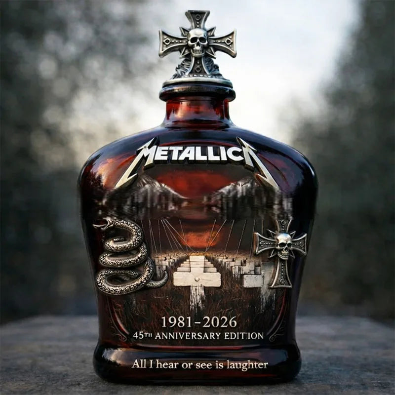 Veltora Metallica 45th Anniversary whiskey decanter with skull cross design, collectible glass bottle for rock band fans.