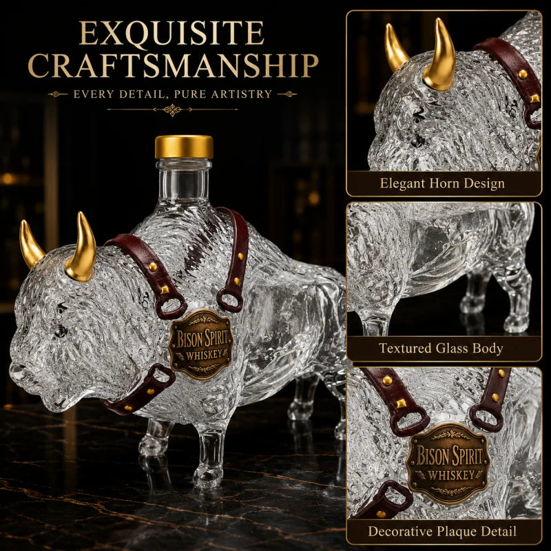 Veltora bison-shaped whiskey decanter with buffalo glass bottle, golden horn leather strap, Western farm style spirit dispenser