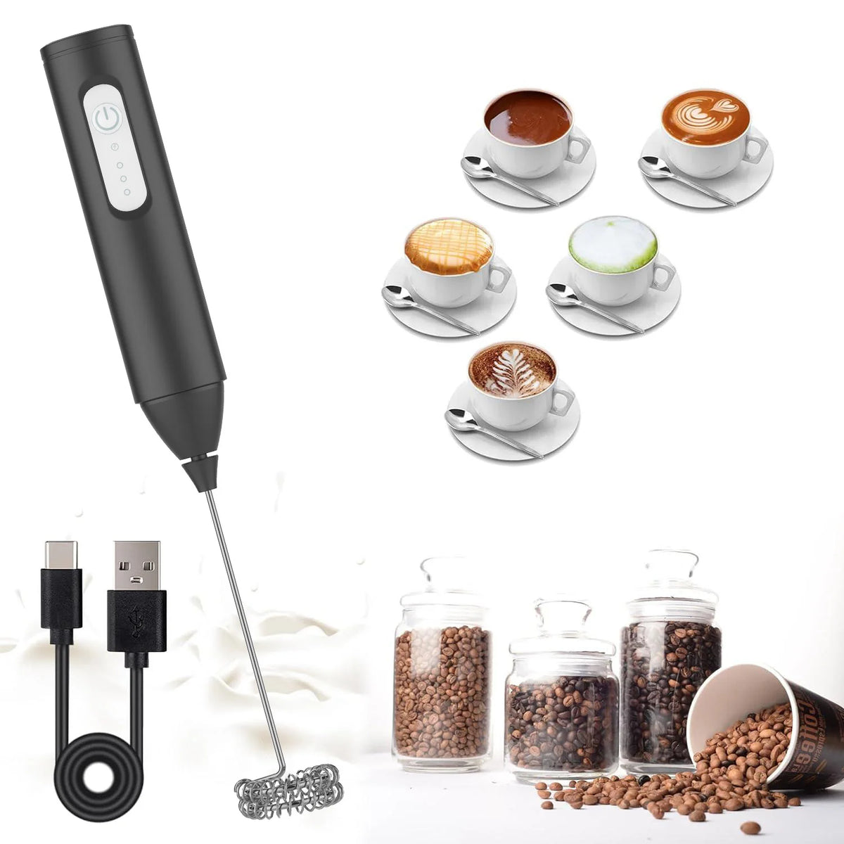Veltora MINI USB rechargeable milk frother with three speed settings, electric handle mixer for coffee foam and egg beating.
