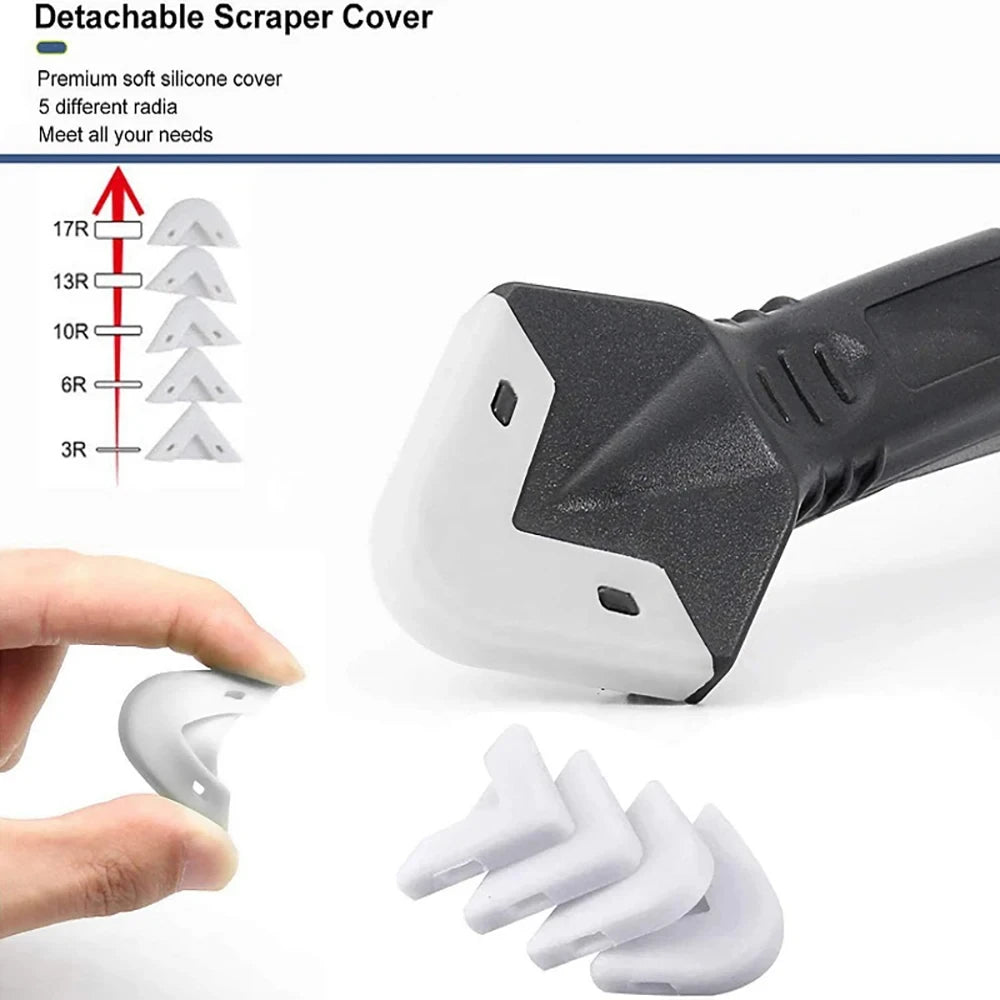 Veltora 5-in-1 metal head shovel glue tool kit with silicone spatula, caulk remover, grout removal, sealant finishing, and corner scraper.