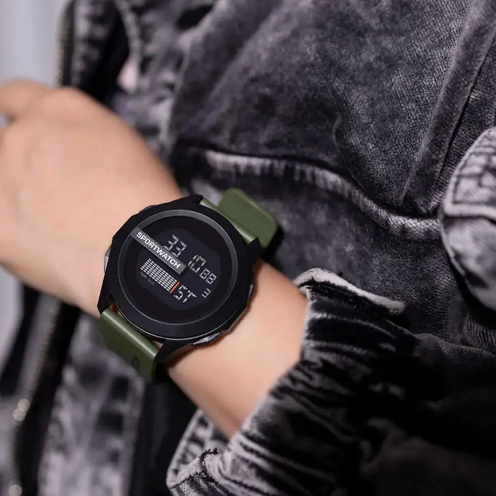 Men's Veltora digital sports watch with waterproof LED display, alarm, and multifunction fitness features, suitable for active males.