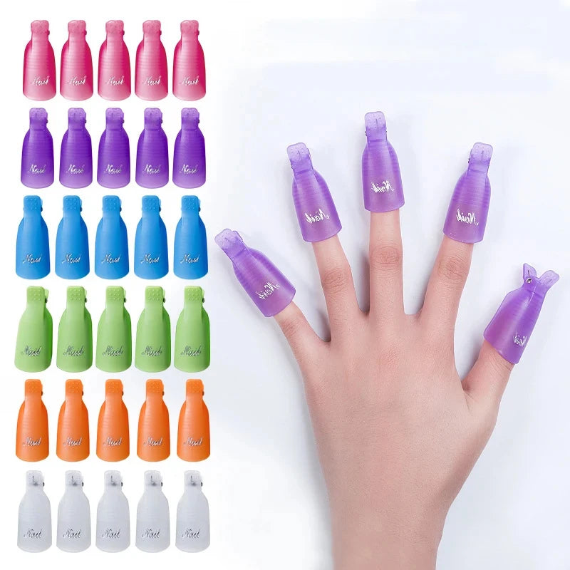 Set of 10 colorful acrylic manicure dipped cap clips for nail cleaning and UV gel nail polish application by Veltora.