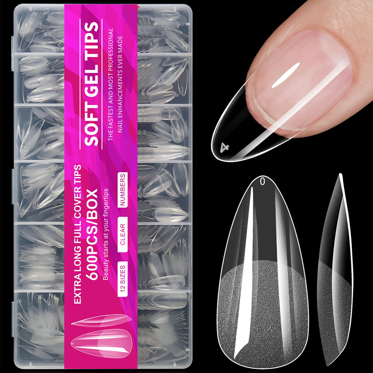 Veltora set of 100/320/600 short almond gel nail tips for full cover false nails, suitable for acrylic and press-on nail applications.