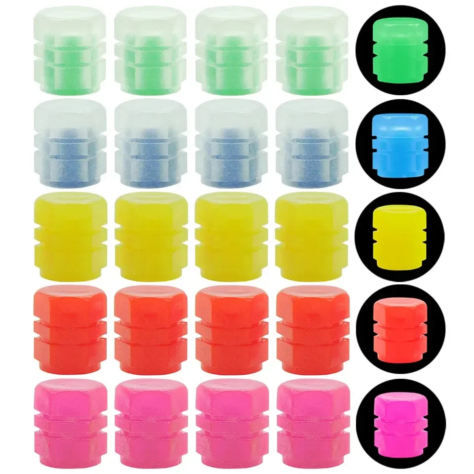 Veltora luminous fluorescent tire valve caps glowing in the dark, designed for cars, motorcycles, and bikes, decorative wheel nozzles.