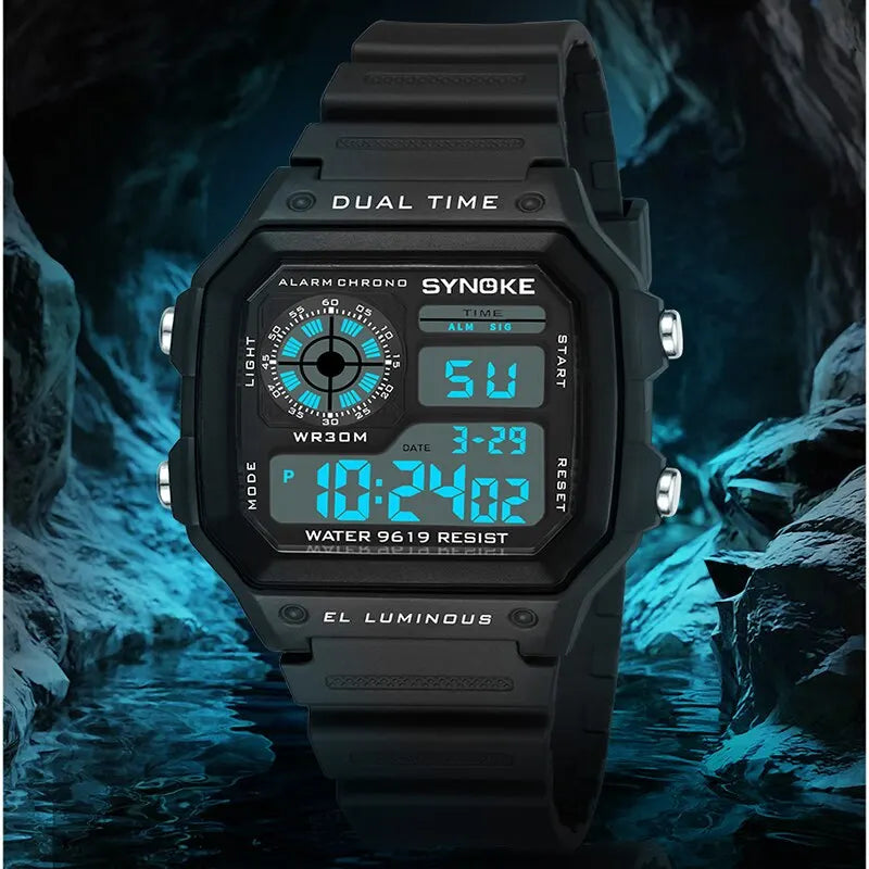 Veltora SYNOKE military digital watch for men, waterproof sports chronograph with luminous display and electronic wrist design.