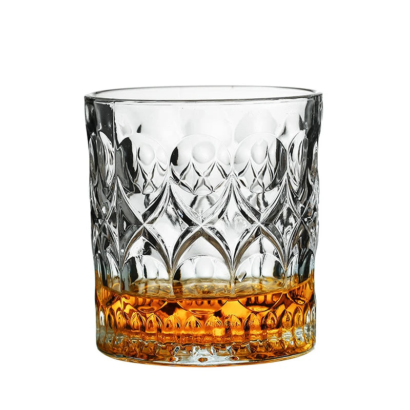 Set of 2 Veltora glass whiskey cups, 330ml relief design, ideal for cocktails, iced coffee, beer, water, and wine.