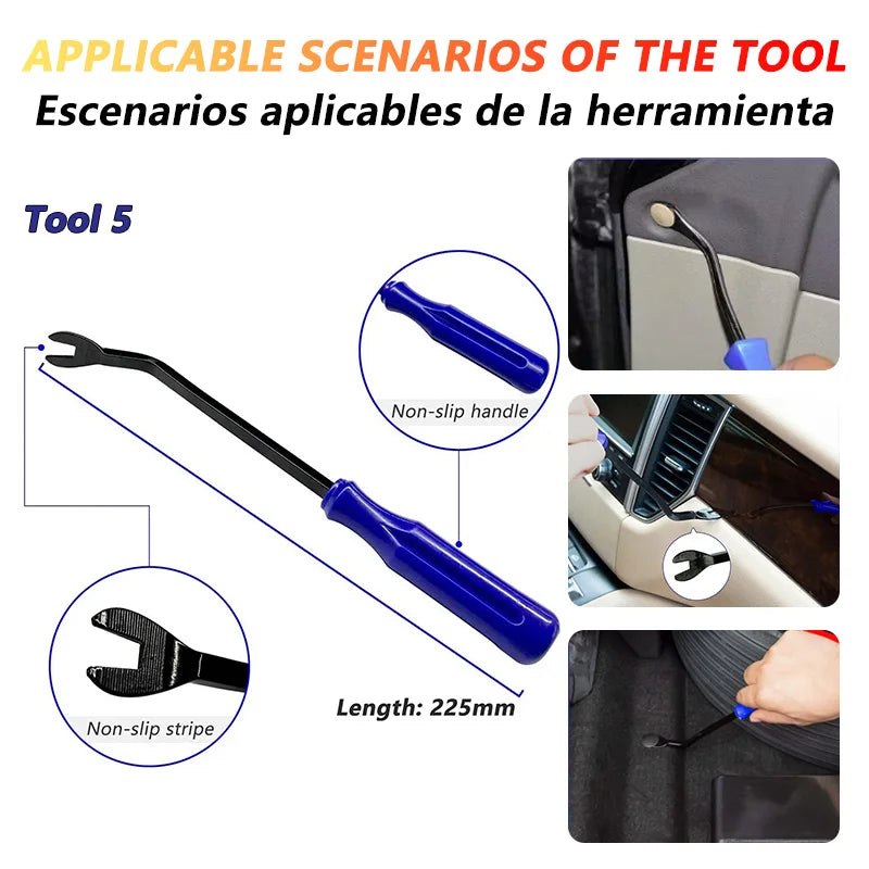Veltora iLMH car hand tool set with plastic trim removal tools for stereo, DVD, and dashboard disassembly and repair.