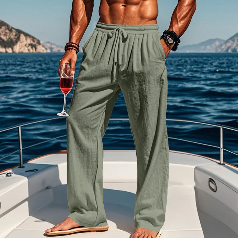 Men's breathable linen yoga pants by Veltora, loose casual sportswear with 16 color options, ideal for spring and summer.