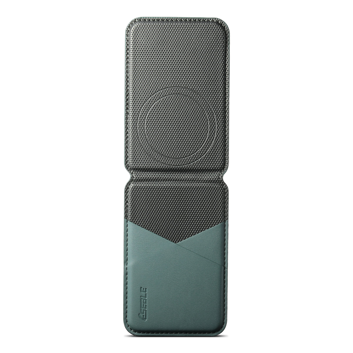 Veltora luxury leather wallet card holder for iPhone and Samsung Galaxy MagSafe accessories with slim geometric design.