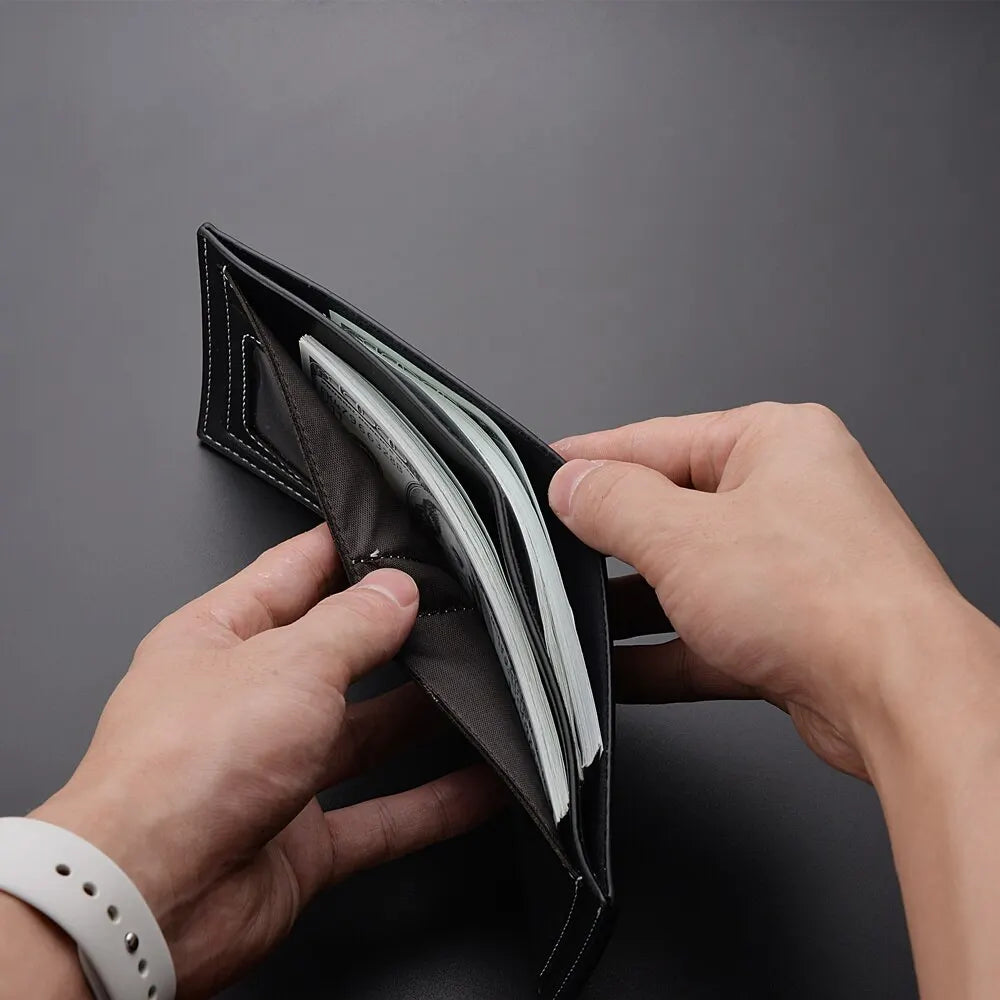 Veltora men's PU leather thin short wallet with multiple card slots, folding design, compact credit card holder for young men