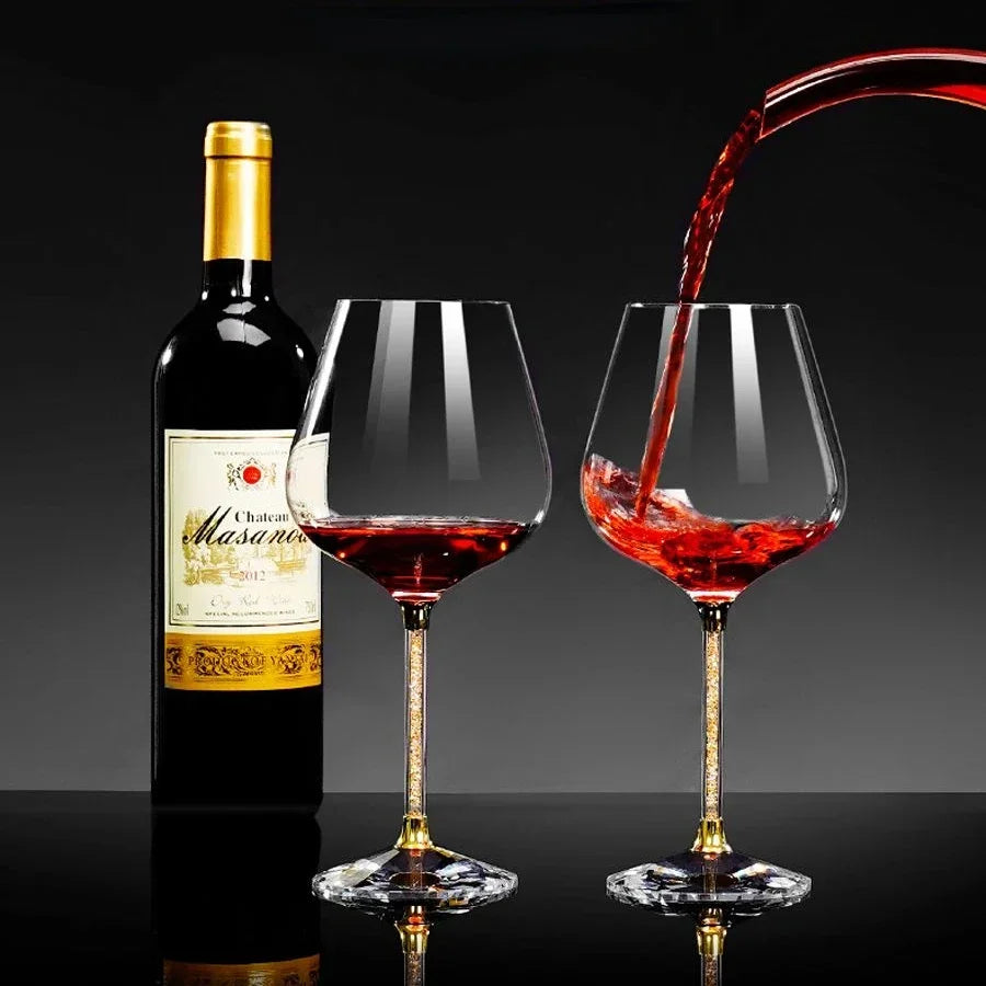 Set of two Veltora luxury crystal red wine glasses, tall drinking glasses perfect for champagne and special occasions.
