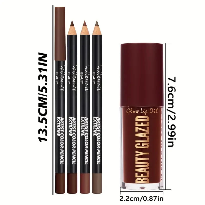 Veltora 4-piece lip kit set with 3 lip liners and 1 lip glaze in waterproof, long-lasting matte finish, perfect for casual and formal wear.