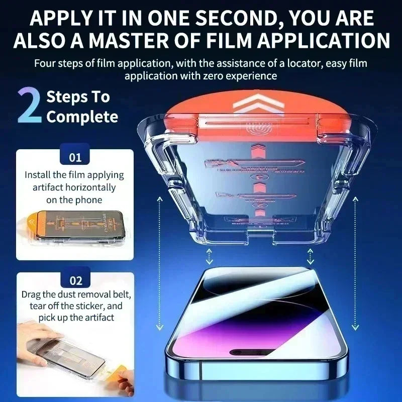 Veltora oleophobic coating dust-free screen protector for iPhone models including 14, 13, 12, 11, XR, XS, 16, 17, 18 Plus, and Mini with glass finish