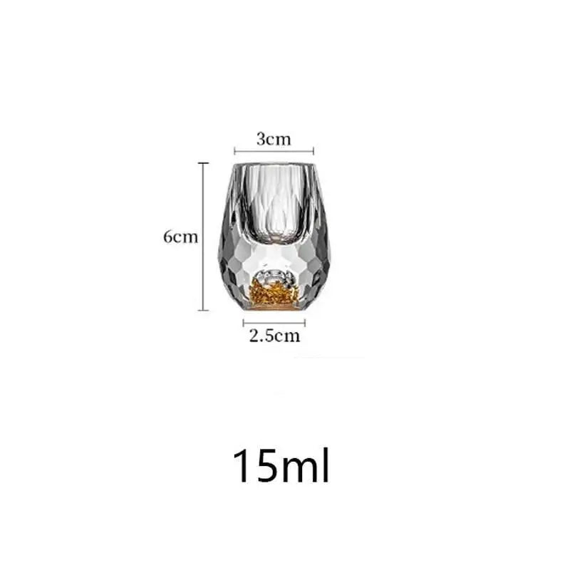 Veltora luxury crystal shot glass with gold foil design, 15ml capacity, ideal for vodka, sake, shochu, or liqueur, set of 1, 2, 4, or 6.