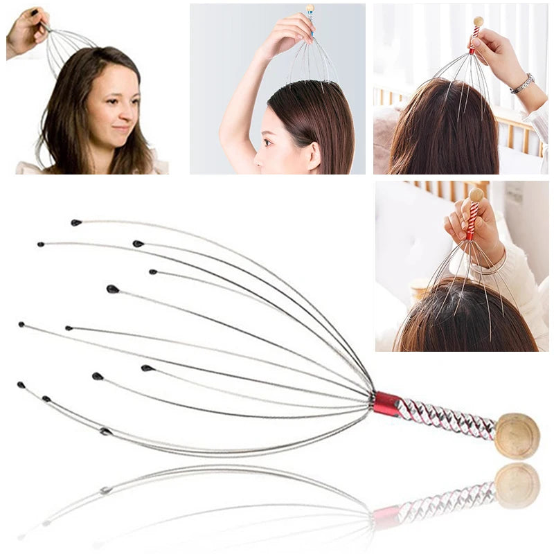Veltora Relax Octopus Head Massager with stainless steel claws for scalp and brain massage, in a random color design.