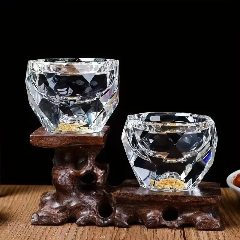 Veltora 50ml luxury crystal glass vodka shot glass with gold foil, double bottom design, elegant sake teacup for bar and liqueur use
