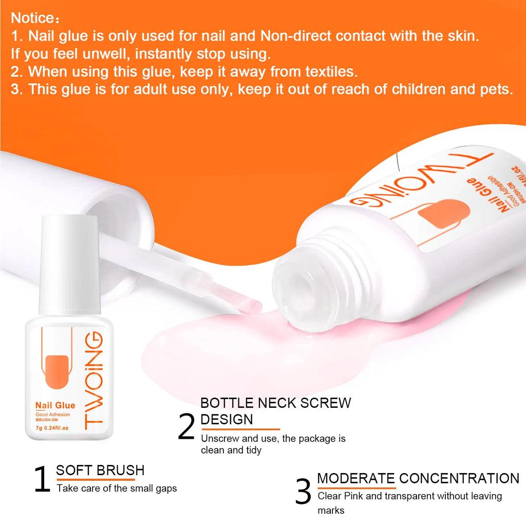 Veltora 7g super strong nail glue for false, acrylic, and press-on nails, shown in a sleek, clear container with a precision applicator