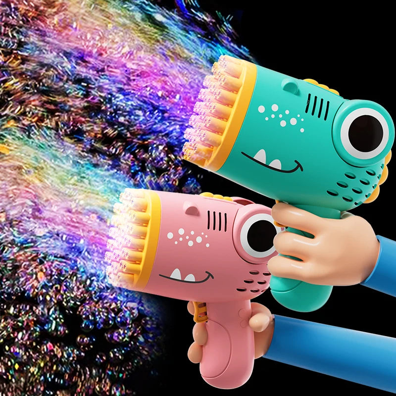 Veltora 40 Hole Dinosaur Bubble Handheld Bubble Machine with electric bubble gun design, outdoor party toy, no bubble water included.