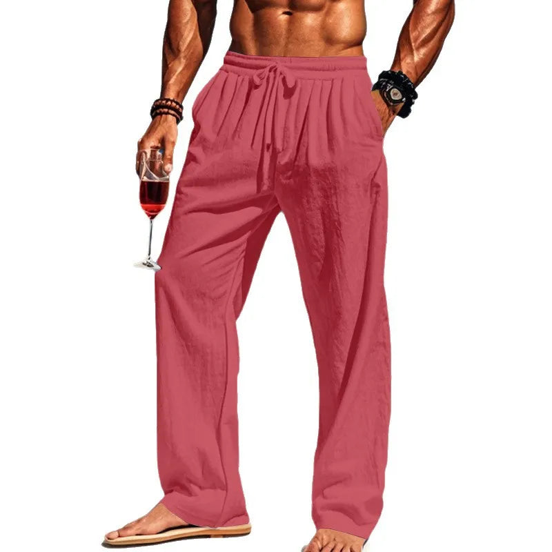 Men's breathable linen yoga pants by Veltora in 16 colors, loose fit casual sportswear for spring and summer.