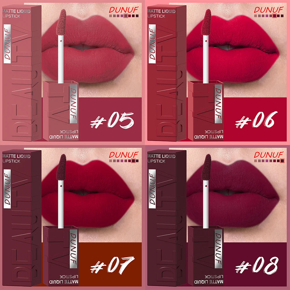 Veltora DUNUF 8-color matte velvet lip gloss set with square tubes, waterproof, easy to apply, and plumping for a three-dimensional look.