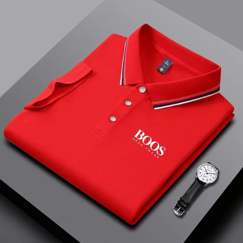 Men's Veltora business casual polo shirt with striped collar, letter print, breathable short sleeves, and comfortable fabric.