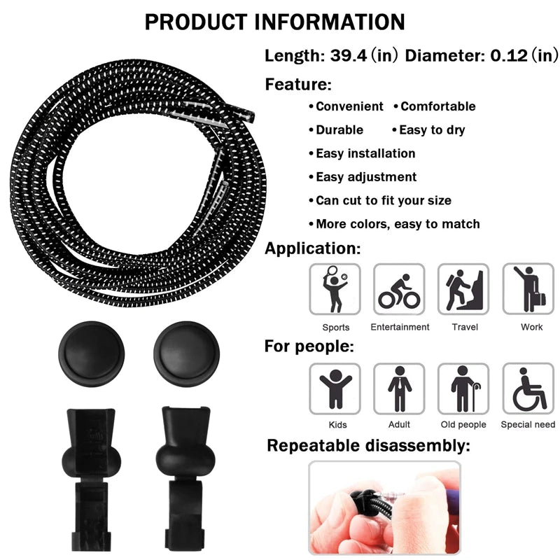 Veltora elastic no-tie sneaker shoelaces with locking stretch design, round rubber shoestrings for easy, quick fastening.