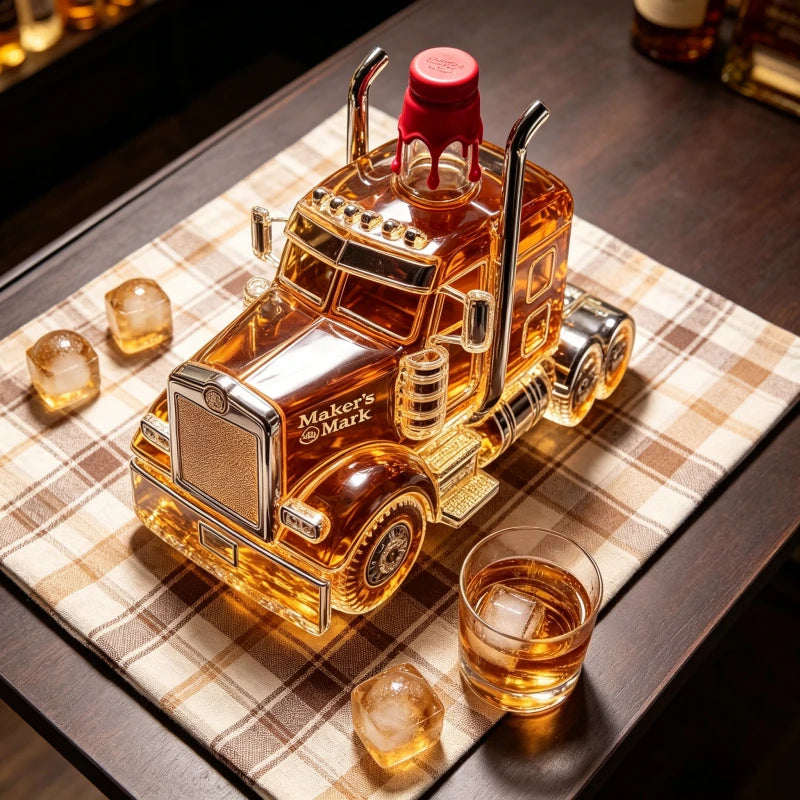 Veltora semi truck-shaped glass whiskey decanter with detailed truck design, ideal for bourbon lovers and truck enthusiasts.
