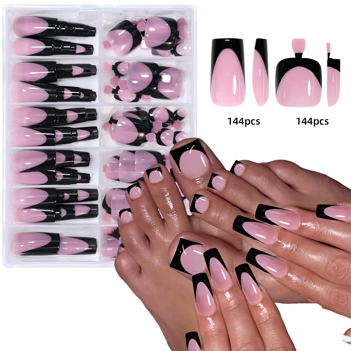 Veltora 144pcs French hand and foot nail set with shiny short square acrylic false toenails for nail salon use