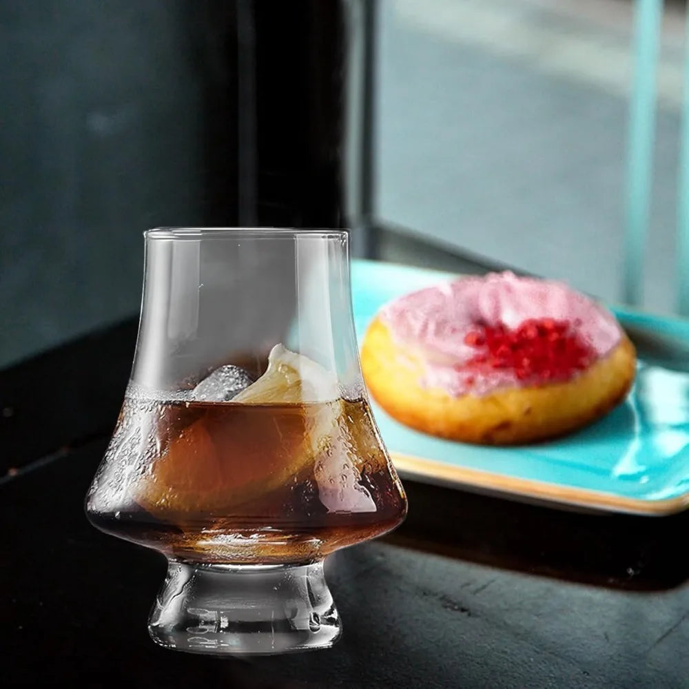 Veltora whiskey crystal glass set with four 9-ounce clear lead-free tasting glasses, perfect for wine, bar, or wedding drinks