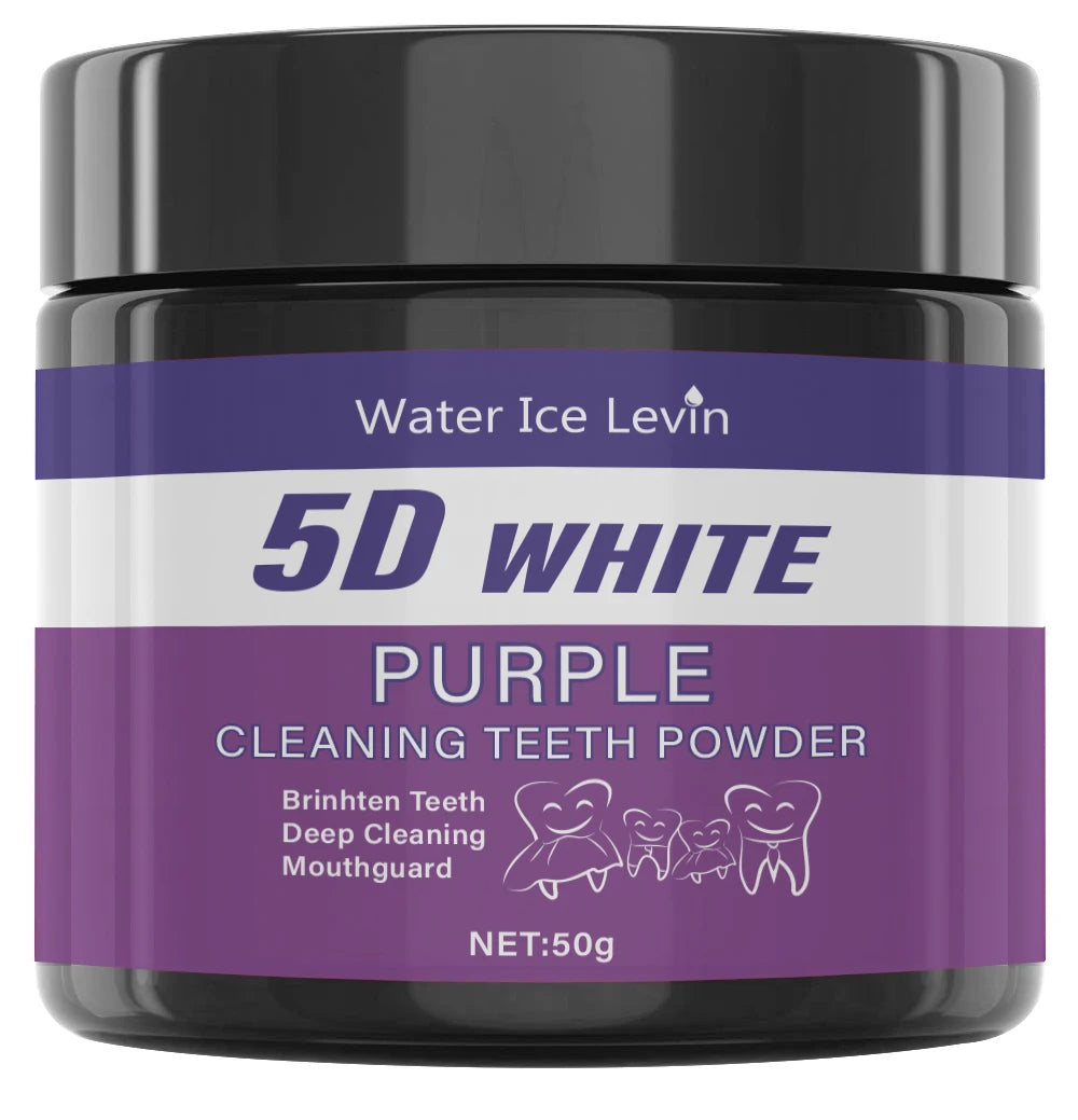 Veltora purple tooth cleaning powder in a jar, showcasing sulfate-free deep cleaning and whitening benefits for daily use and travel.