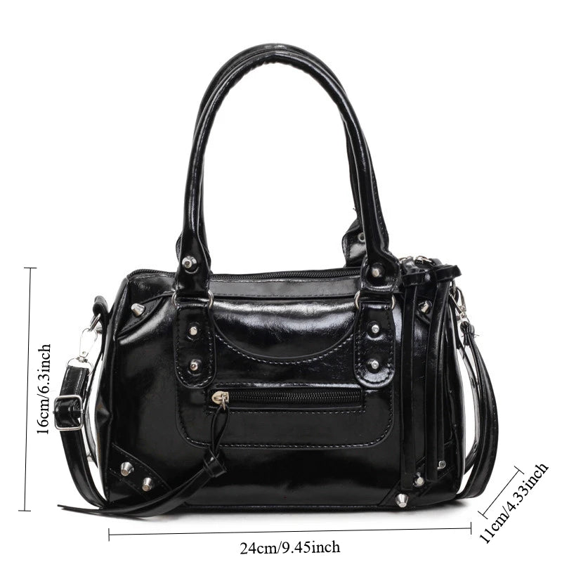Veltora large capacity pillow-shaped handbag with fashion rivets, suitable for bowling, motorcycle rides, and casual crossbody use.