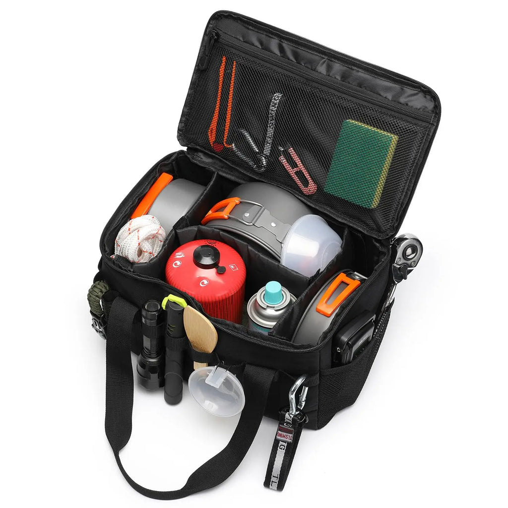 Veltora outdoor camping tactical bag with multiple compartments, 14L capacity, black color, designed for gear organization and outdoor activities.