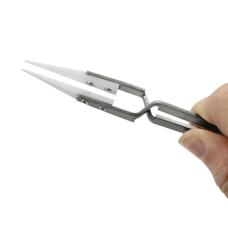 Veltora ceramic electronic soldering tweezers with straight tips, anti-static and acid-resistant, precision reverse chuck design.