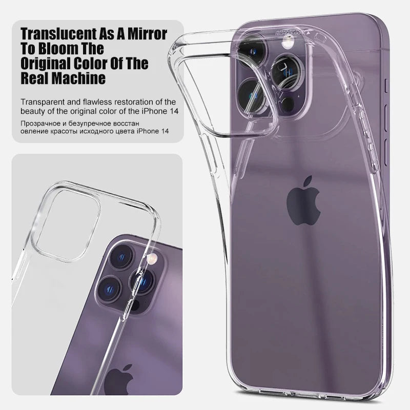 Veltora clear silicone phone case for iPhone 16 to 11 Pro Max, shockproof transparent bumper back cover with precise cutouts.